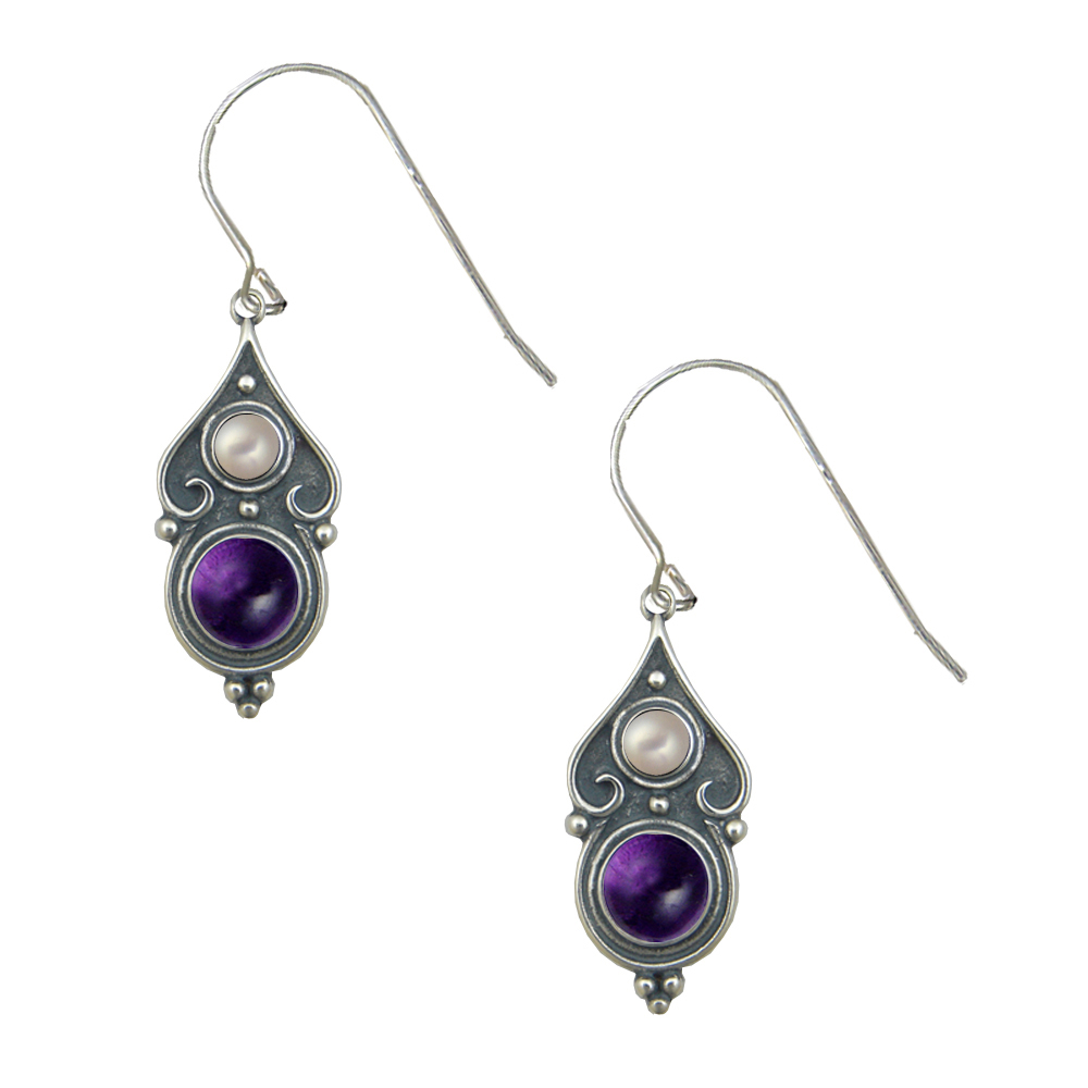 Sterling Silver Designer Post Stud Earrings With Amethyst And Cultured Freshwater Pearl